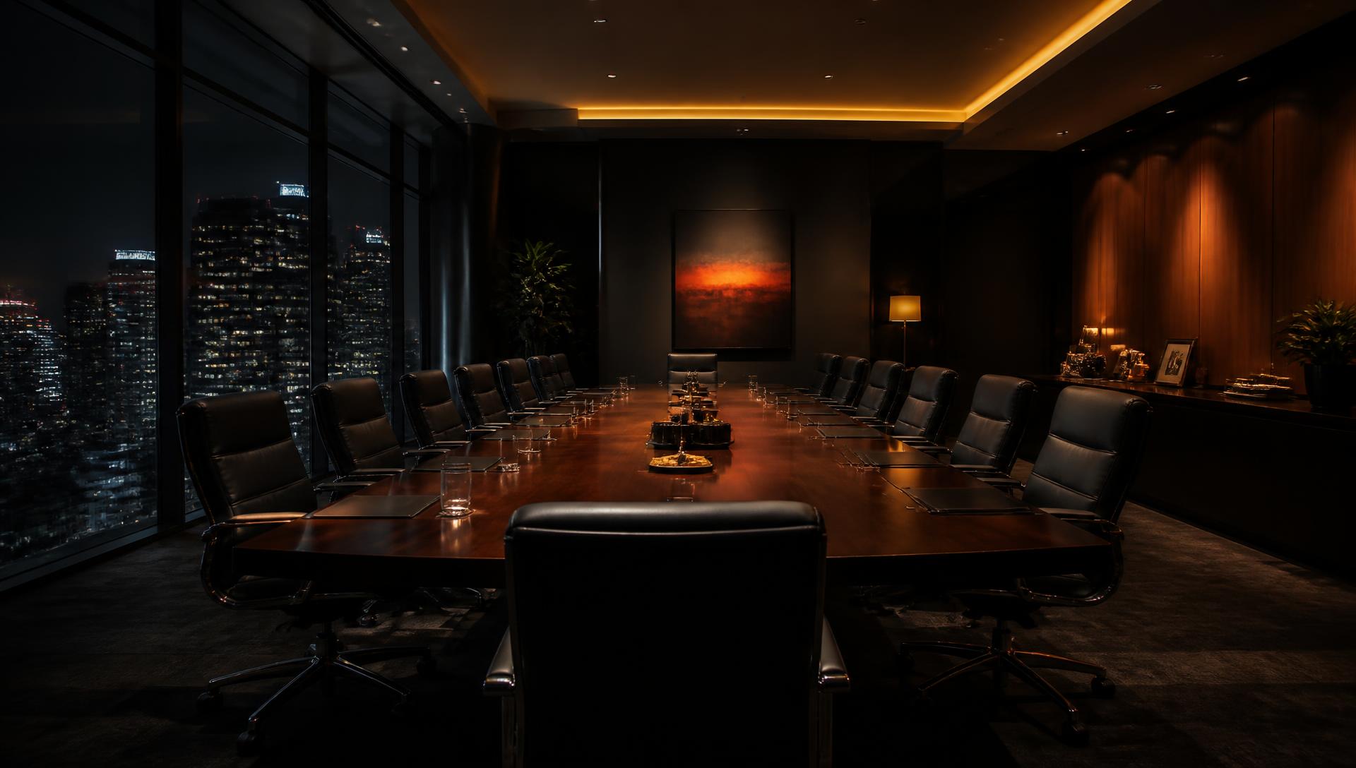 Empty corporate boardroom at night